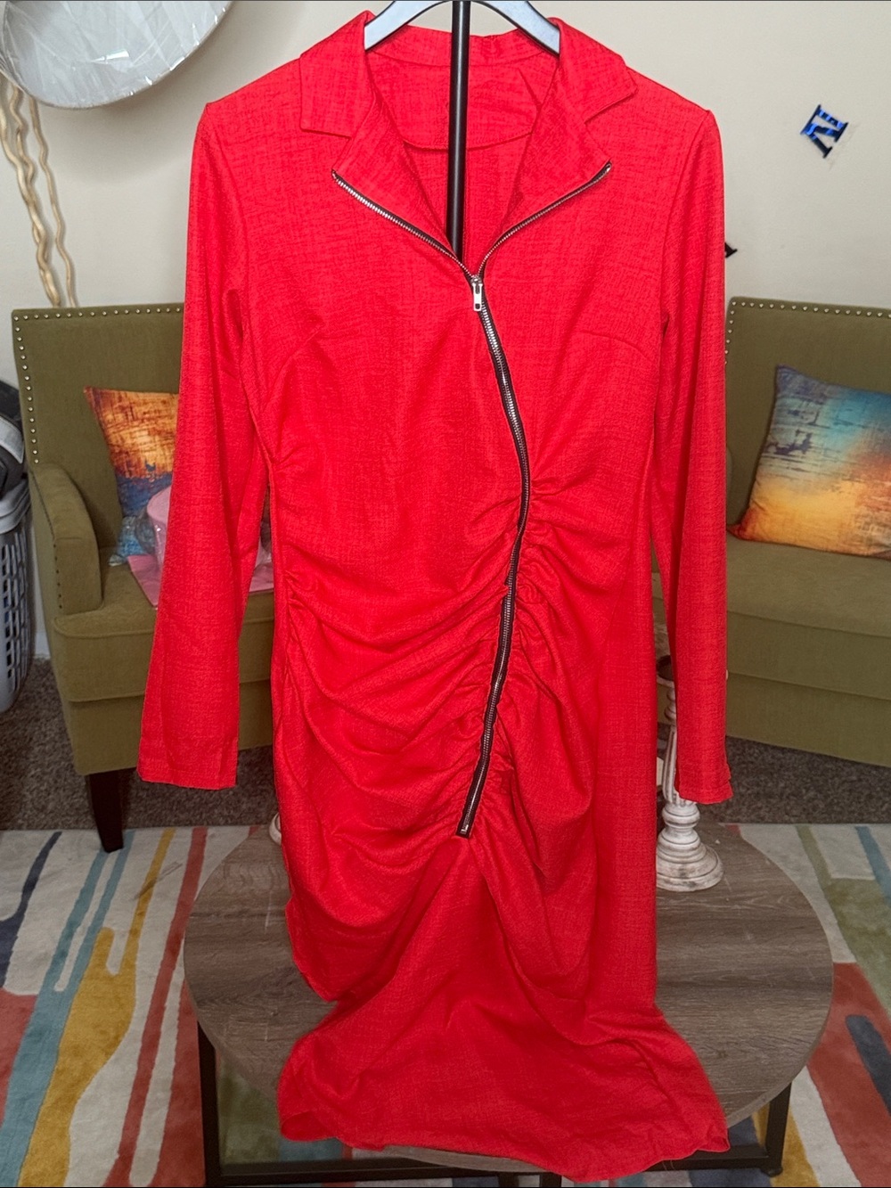 Red Ruched Zip-Front Women's Dress